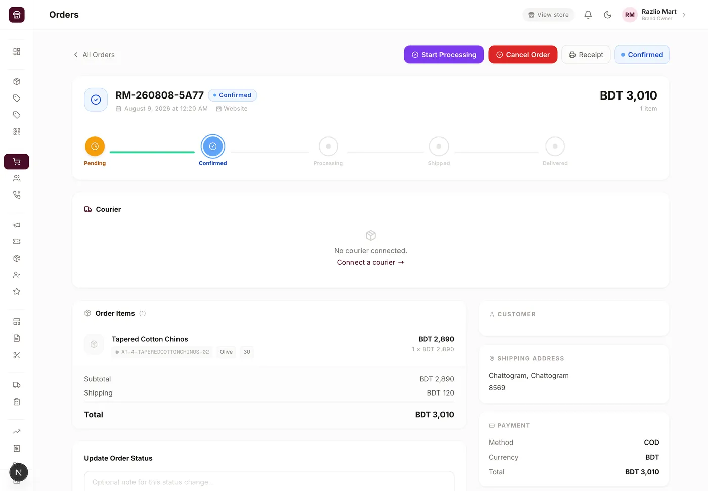 A single order, RM-260808-5A77, worth BDT 3,010: a status rail from Pending through Confirmed to Delivered, a courier panel offering to connect a courier, the line item with its SKU, and the payment method on the right.