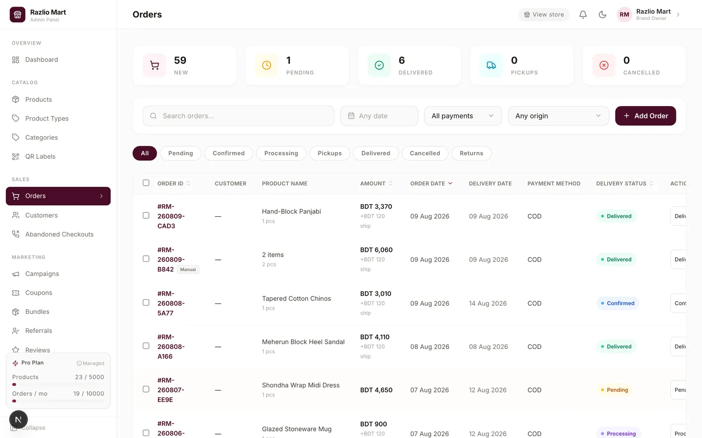 The admin orders list: 59 new, 1 pending, 6 delivered, with rows carrying order numbers such as RM-260809-CAD3, the product ordered, the amount with shipping, the payment method COD, and a delivery status of Delivered, Confirmed, Pending or Processing.